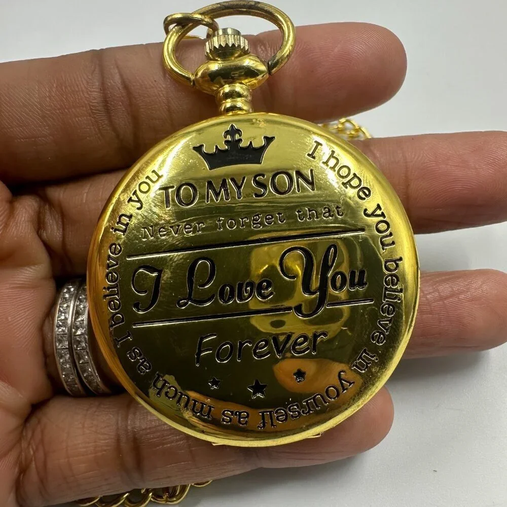 Pocket Watch Gold Tone Engraved To My Son I Love You Forever Chain New Battery